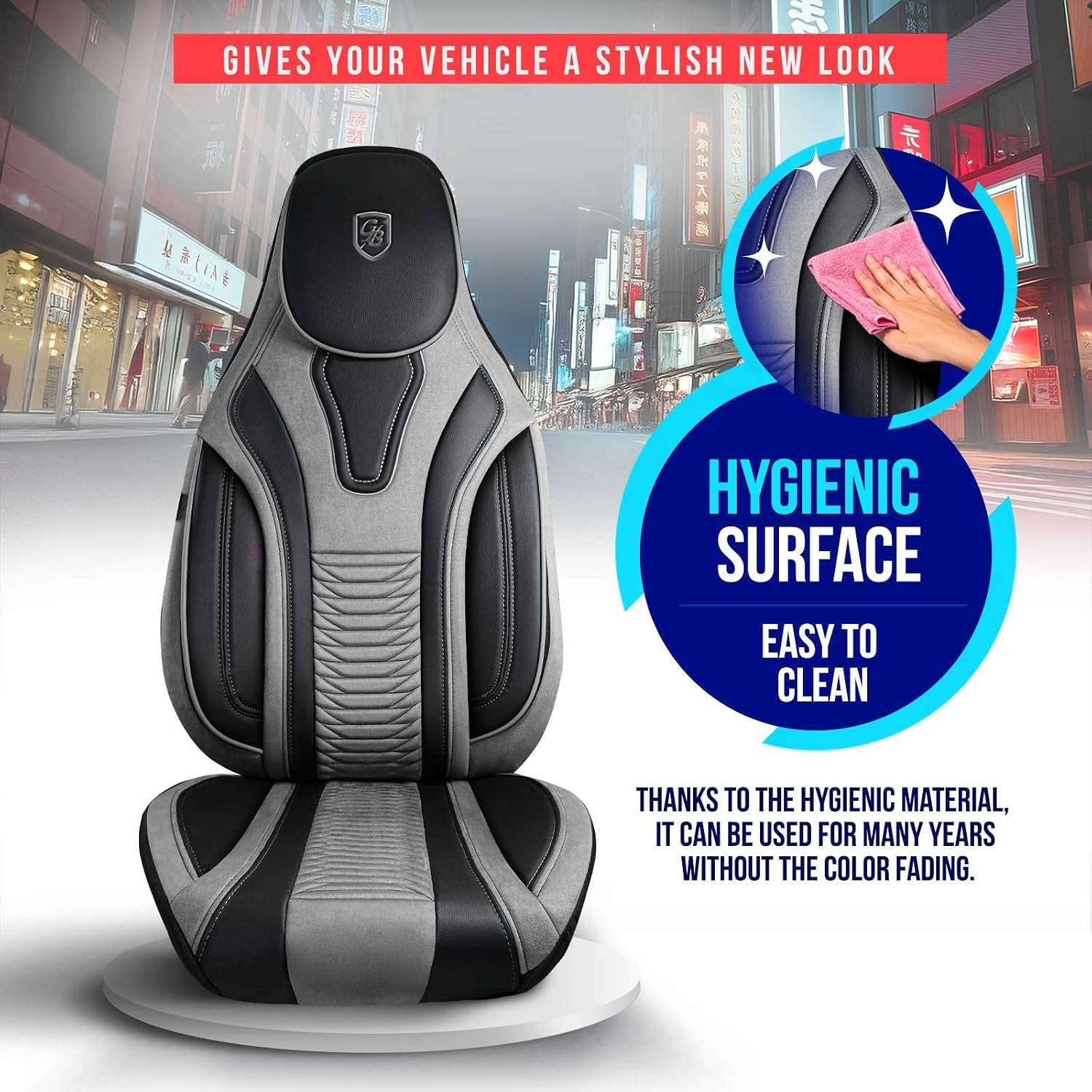 Premium Car Seat Covers Front Seat - Velour & Leather Car Seat Cover for SUV, Cars, Most Pickups, Grey-Black, Car Seat Protector, Car Seat Covers Front Seats, Car Seat Protector