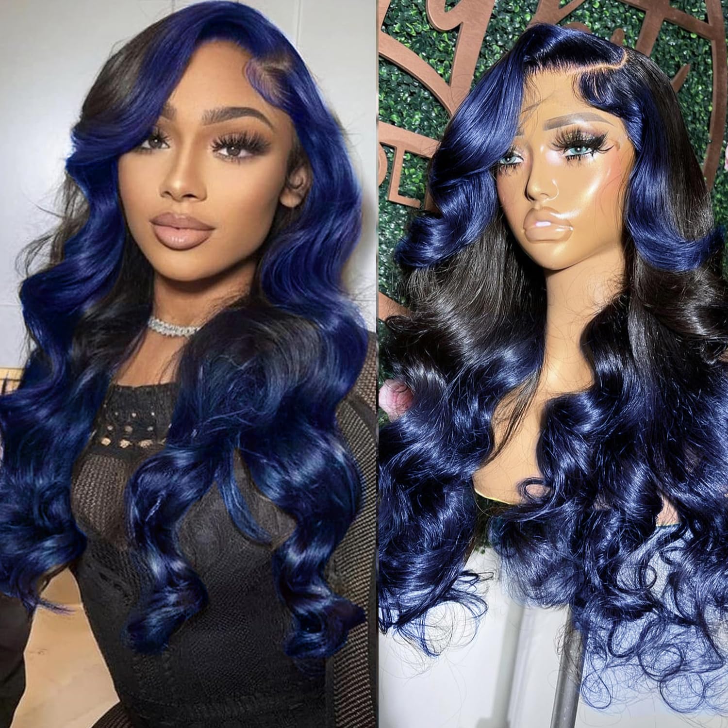 YMS Ombre Blue Lace Front Wigs Human Hair 180% Density Dark Blue Human Hair Wigs for Women Skunk Stripe Glueless Wigs Human Hair Pre Plucked 20 Inch Body Wave Colored Lace Frontal Wig With Baby Hair
