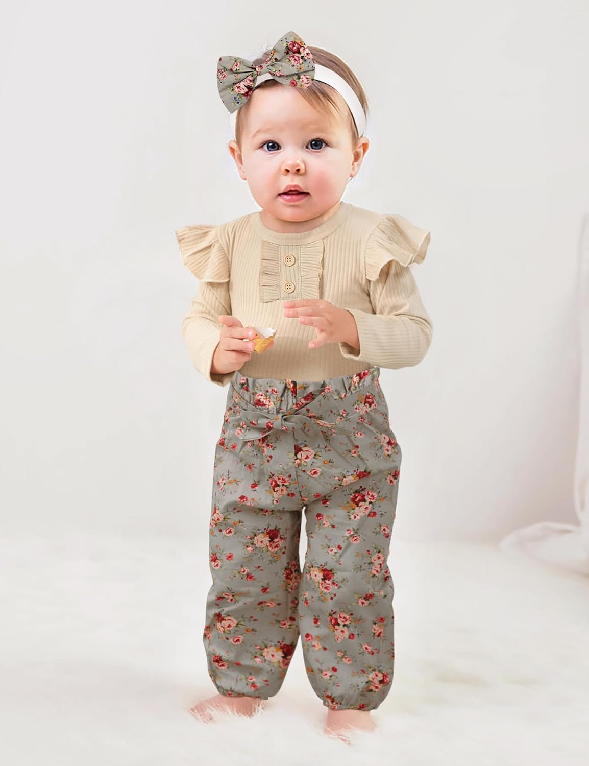 KANGKANG Newborn Baby Girl Clothes Ribbed Ruffle Sleeve Romper + Floral Pants + Headband Cute Infant Baby Girl Outfit 3Pcs