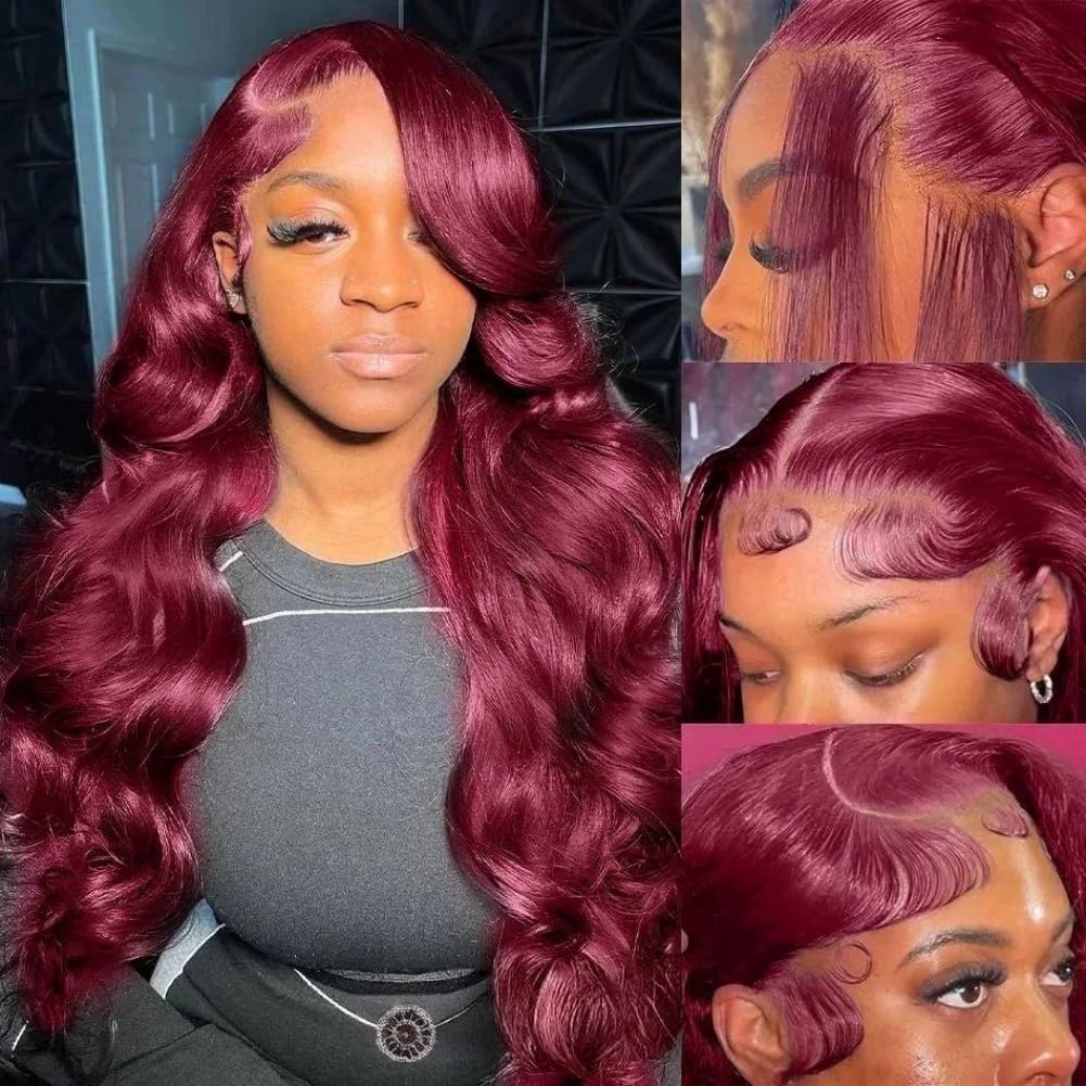 BRUAR 26 Inch Burgundy Lace Front Wigs Human Hair Glueless Body Wave HD Transparent Lace Frontal Wigs for Women Pre Plucked Glueless Red Wig Human Hair Colored Human Hair Wigs with Baby Hair