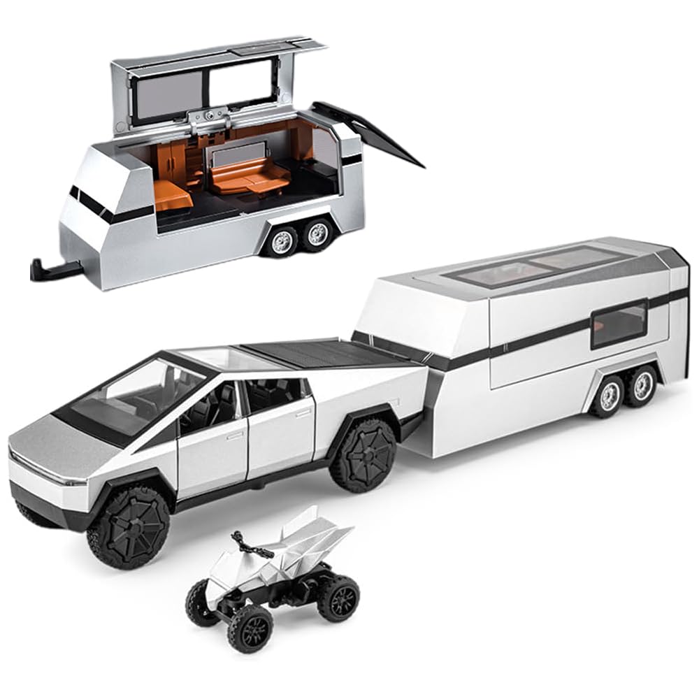 1/32 Pickup Truck and Trailer Toys with Light and Pull Back Alloy Diecast Pickup Trailer RV Model Kit Diecast Model Car Toy Truck and Trailer for Boys Adults as Birthday Gifts (Silver)