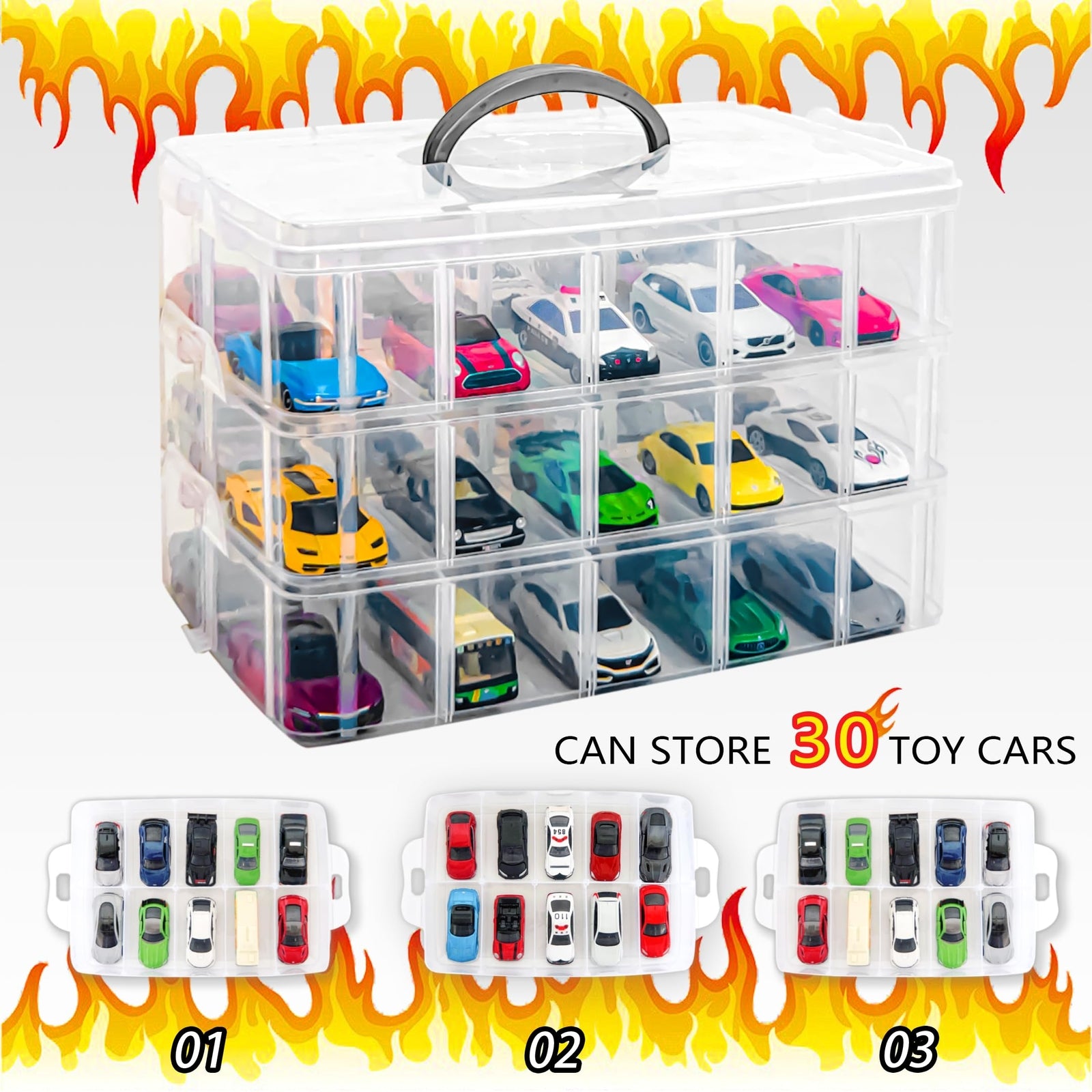 Toy Cars Storage Organizer Case for Hot Wheels Matchbox Cars W/ 30 Compartments