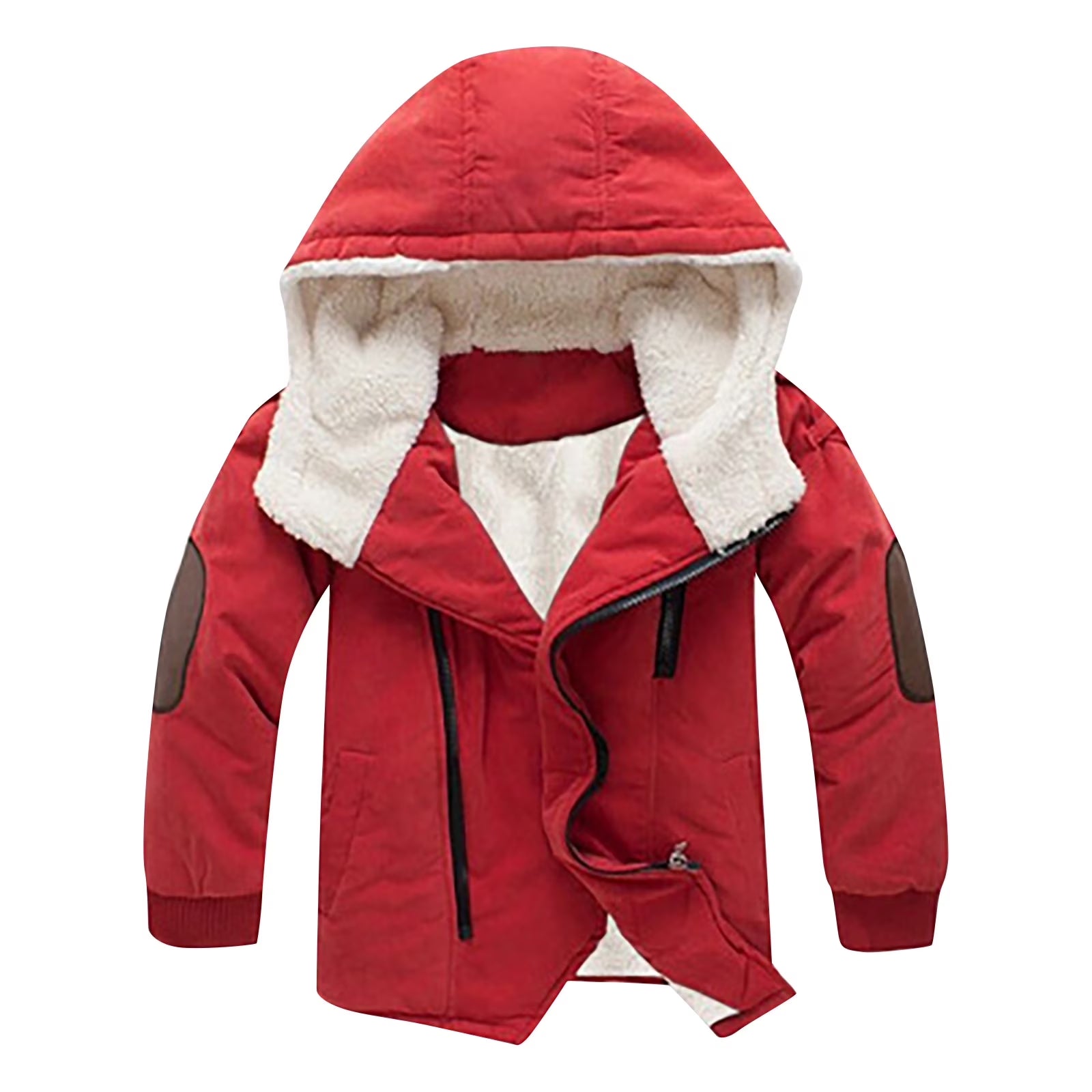 Boys Cotton-Padded with Thick Fleece Hooded Mid-Length Cotton Jacket