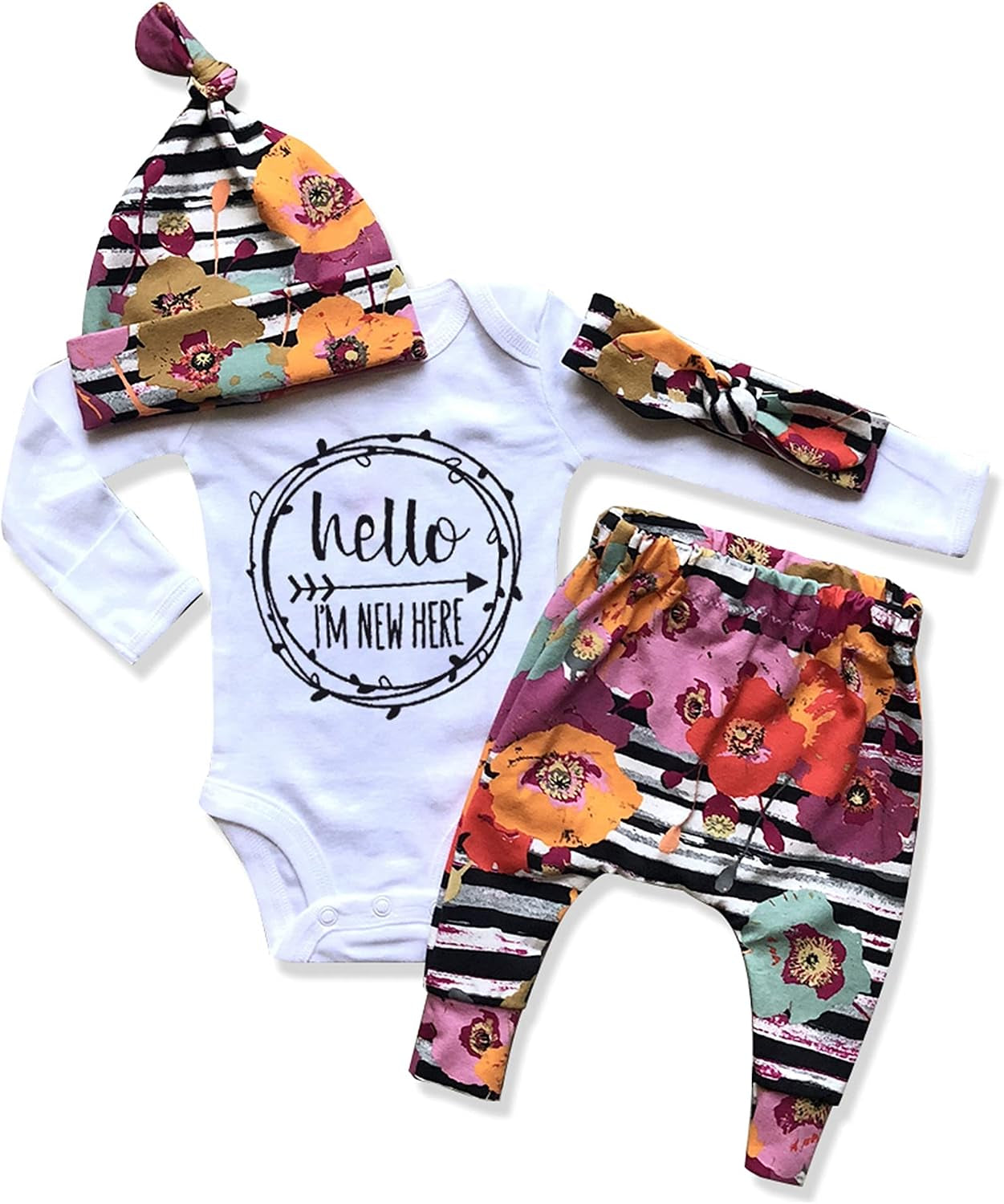 KANGKANG Newborn Baby Girl Clothes Hi I'M New Here Newborn Outfit Infant Romper Floral Pants Cute Baby Girl Outfits 4PC Set