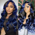 YMS Ombre Blue Lace Front Wigs Human Hair 180% Density Dark Blue Human Hair Wigs for Women Skunk Stripe Glueless Wigs Human Hair Pre Plucked 20 Inch Body Wave Colored Lace Frontal Wig With Baby Hair