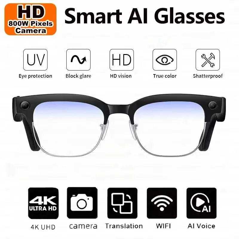2026 AI Smart Glasses Men AI Translation 8MP HD Camera 4K Shooting Image Conversation Recording Listening To Music Smart Glasses