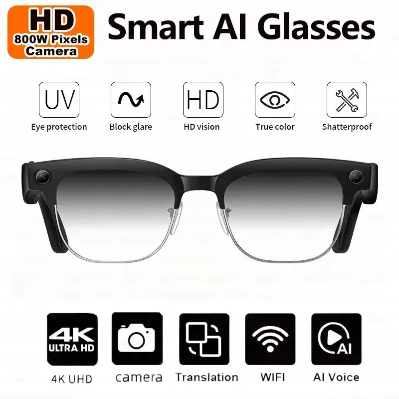 2026 AI Smart Glasses Men AI Translation 8MP HD Camera 4K Shooting Image Conversation Recording Listening To Music Smart Glasses