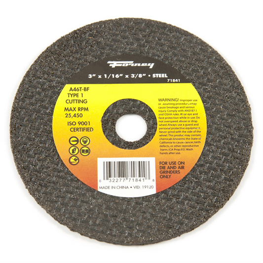 Forney Industries Cut-Off Wheel, Metal, Type 1, 3 in x 1/16 in x 3/8 in