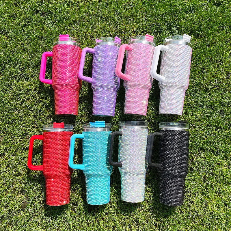 Us Warehouse 40 OZ Rhinestones Bling Leak Proof Home Use 40 OZ Insulated Water Bottle for Home Office Outdoor Daily Use