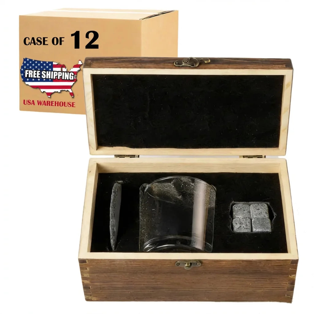 USA Warehouse Pack of 12 Whiskey Set with 10oz Single Glasses Cups, Coaster and Wooden Gift Box for Laser Engrave Blanks