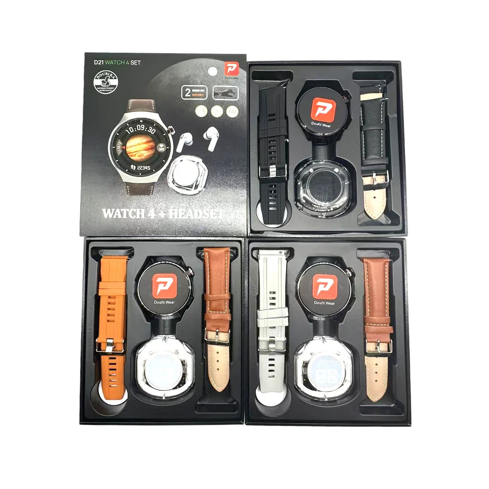D21 Watch 4 Suit Smartwatch Earbuds 2 in 1 Smart Watch with Earphone Dual Straps Reloj Inteligente Gift Set Smart Watch for Men