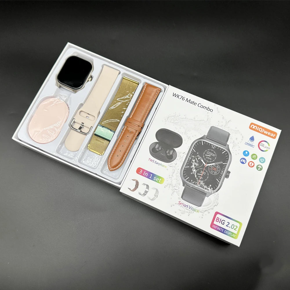 WK76 Mate Smart Watch with 3 Straps IP68 Waterproof  Wireless Charging BT Earphone Heart Rate Monitor Smartwatch