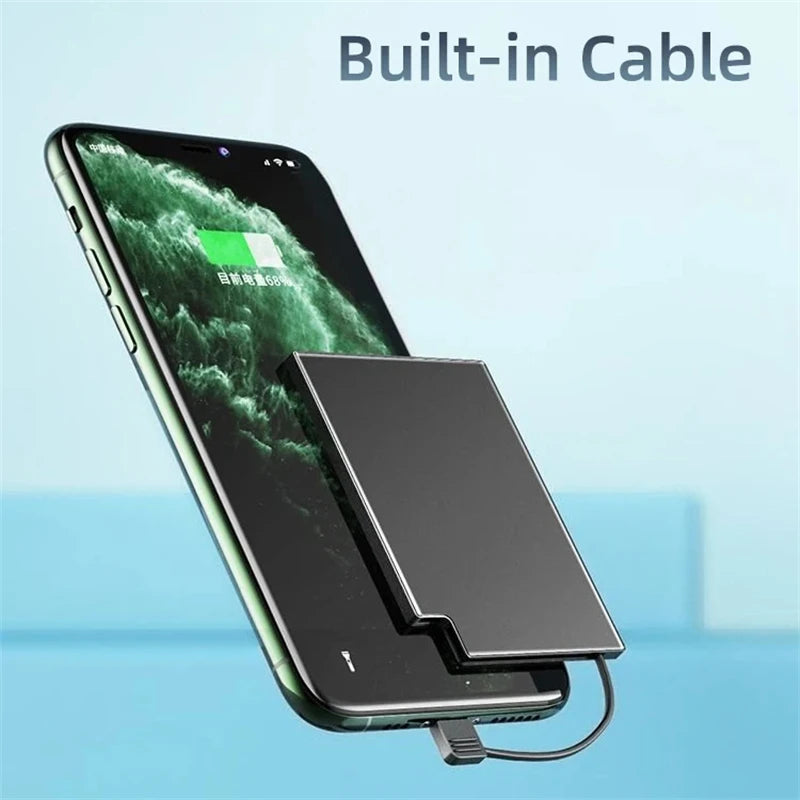 Ultra Thin Slim Credit Card Powerbank Size 5000mAh Slim Built in Cable Fast Charging Portable Charger Mini Power Bank