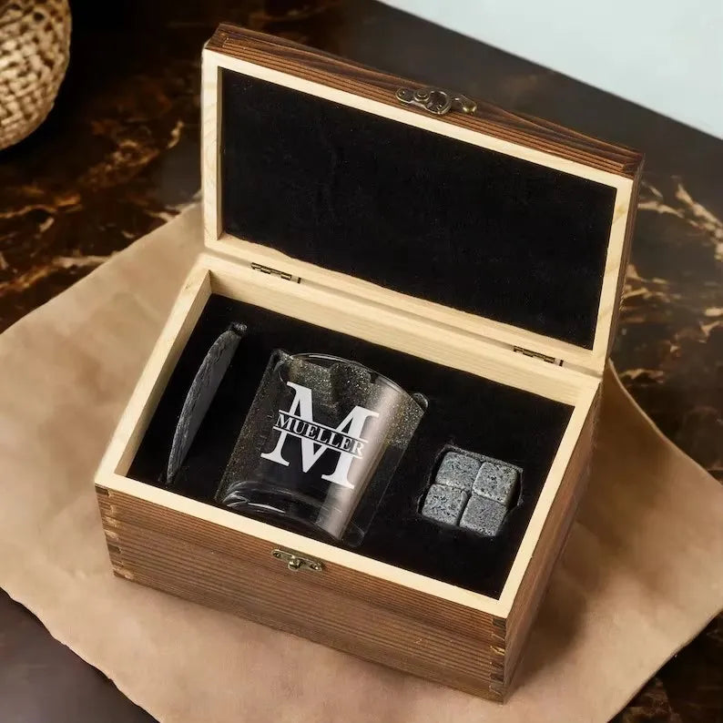 USA Warehouse Pack of 12 Whiskey Set with 10oz Single Glasses Cups, Coaster and Wooden Gift Box for Laser Engrave Blanks