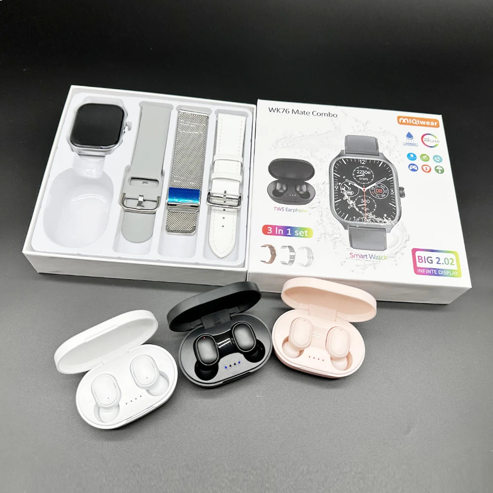 WK76 Mate Smart Watch with 3 Straps IP68 Waterproof  Wireless Charging BT Earphone Heart Rate Monitor Smartwatch