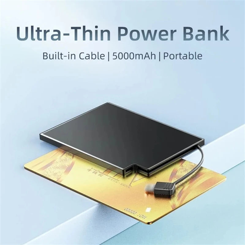 Ultra Thin Slim Credit Card Powerbank Size 5000mAh Slim Built in Cable Fast Charging Portable Charger Mini Power Bank