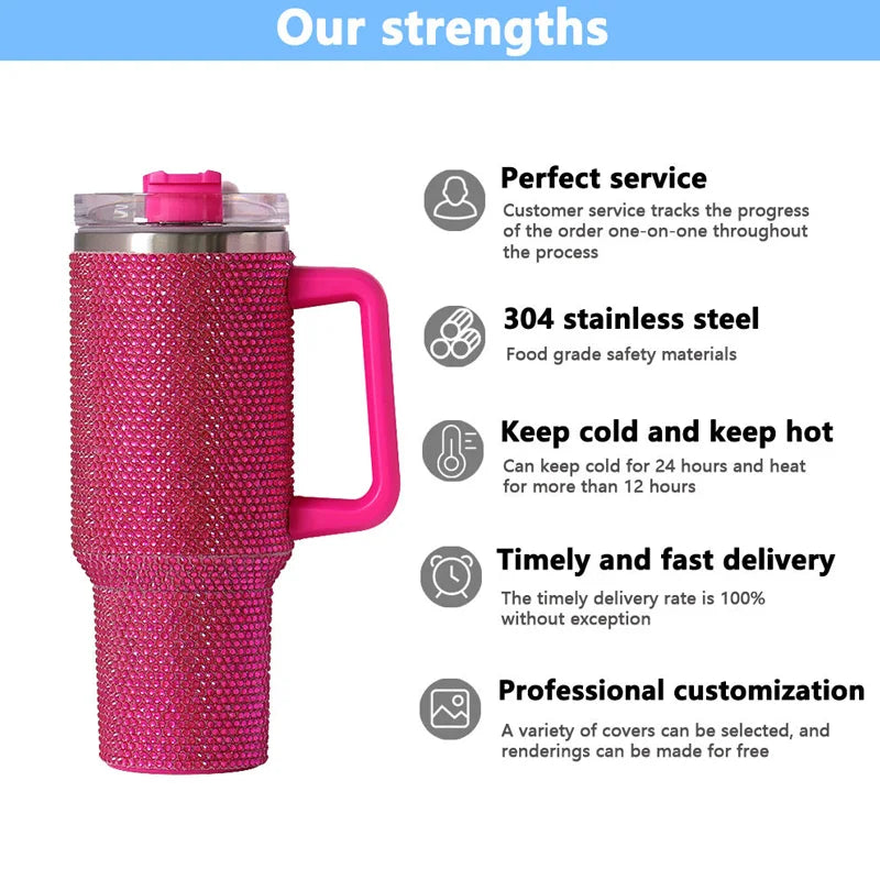 Us Warehouse 40 OZ Rhinestones Bling Leak Proof Home Use 40 OZ Insulated Water Bottle for Home Office Outdoor Daily Use