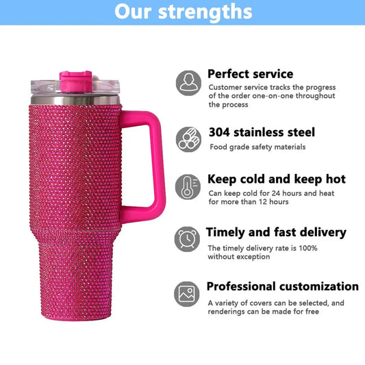 Us Warehouse 40 OZ Rhinestones Bling Leak Proof Home Use 40 OZ Insulated Water Bottle for Home Office Outdoor Daily Use