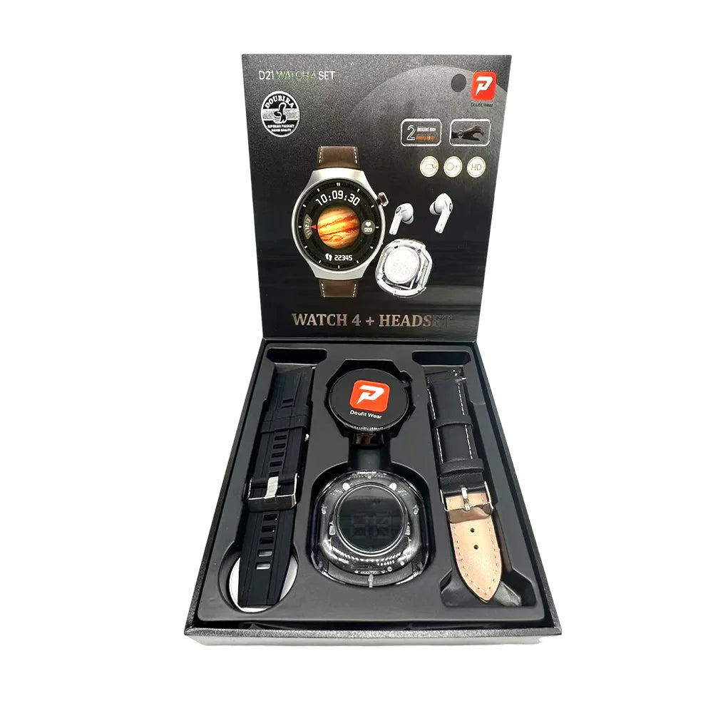 D21 Watch 4 Suit Smartwatch Earbuds 2 in 1 Smart Watch with Earphone Dual Straps Reloj Inteligente Gift Set Smart Watch for Men