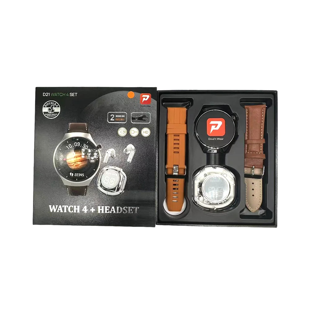D21 Watch 4 Suit Smartwatch Earbuds 2 in 1 Smart Watch with Earphone Dual Straps Reloj Inteligente Gift Set Smart Watch for Men