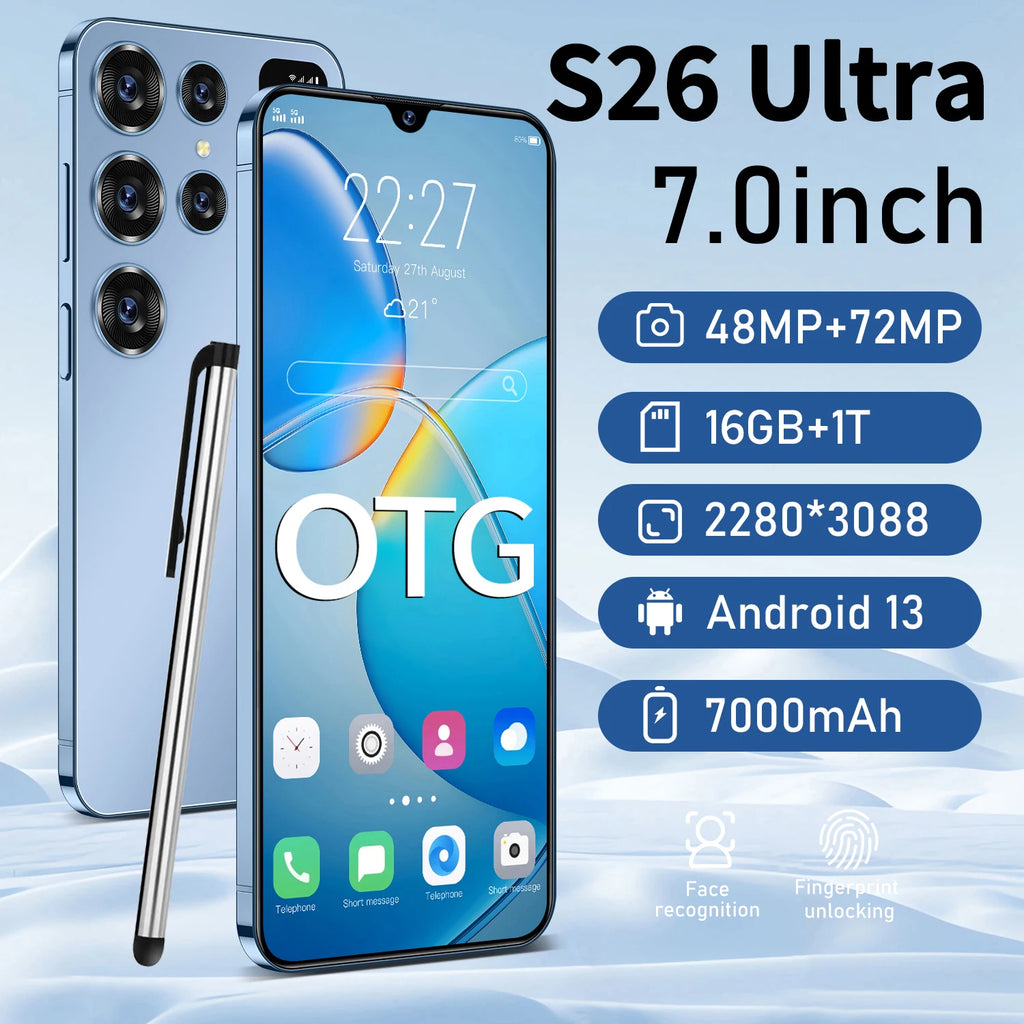 Original 5G S26 Ultra SmartPhone HD 7.0 Inch 16G+1T 7000Mah 48MP+72MP 108MP Dual Sim Face Unlock LTE Unlocked Cellphone