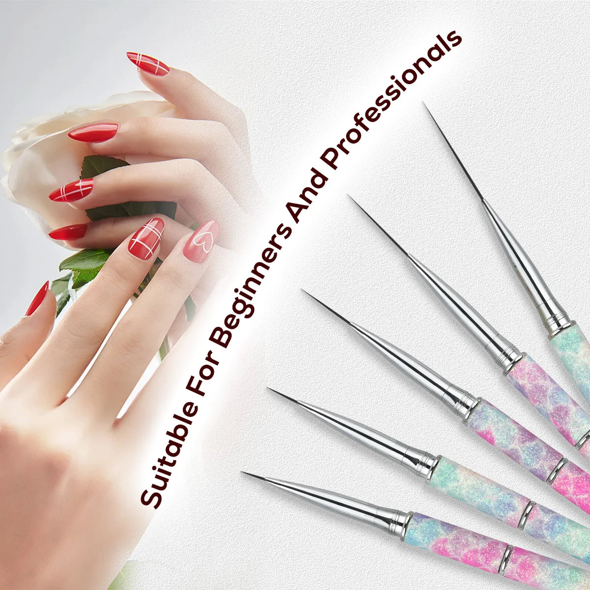 High Quality Professional 5 Pieces Sets Custom Nail Salon Detachable Liner Nail Art Brushes for Nylon Hair