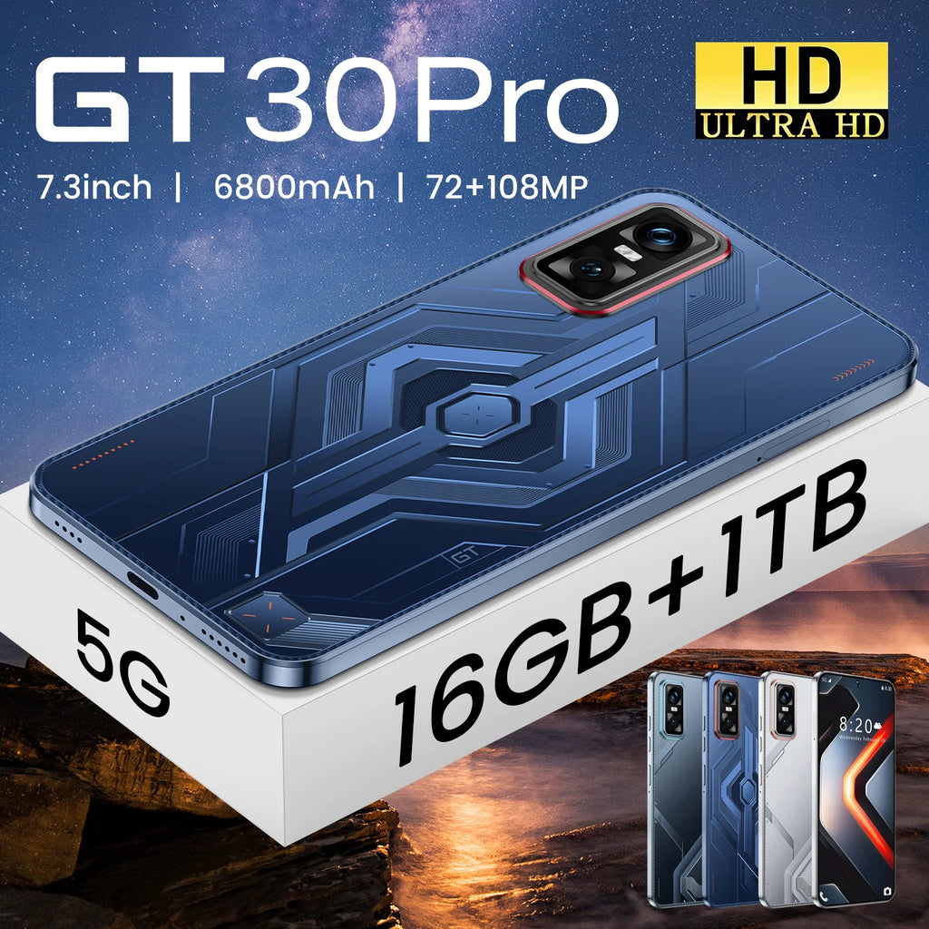2025 New GT30 Pro Android14 5g Smartphone HD 7.3 Inch Screen Deca Core CPU LTE Cellular Dual Card Mobile Phone