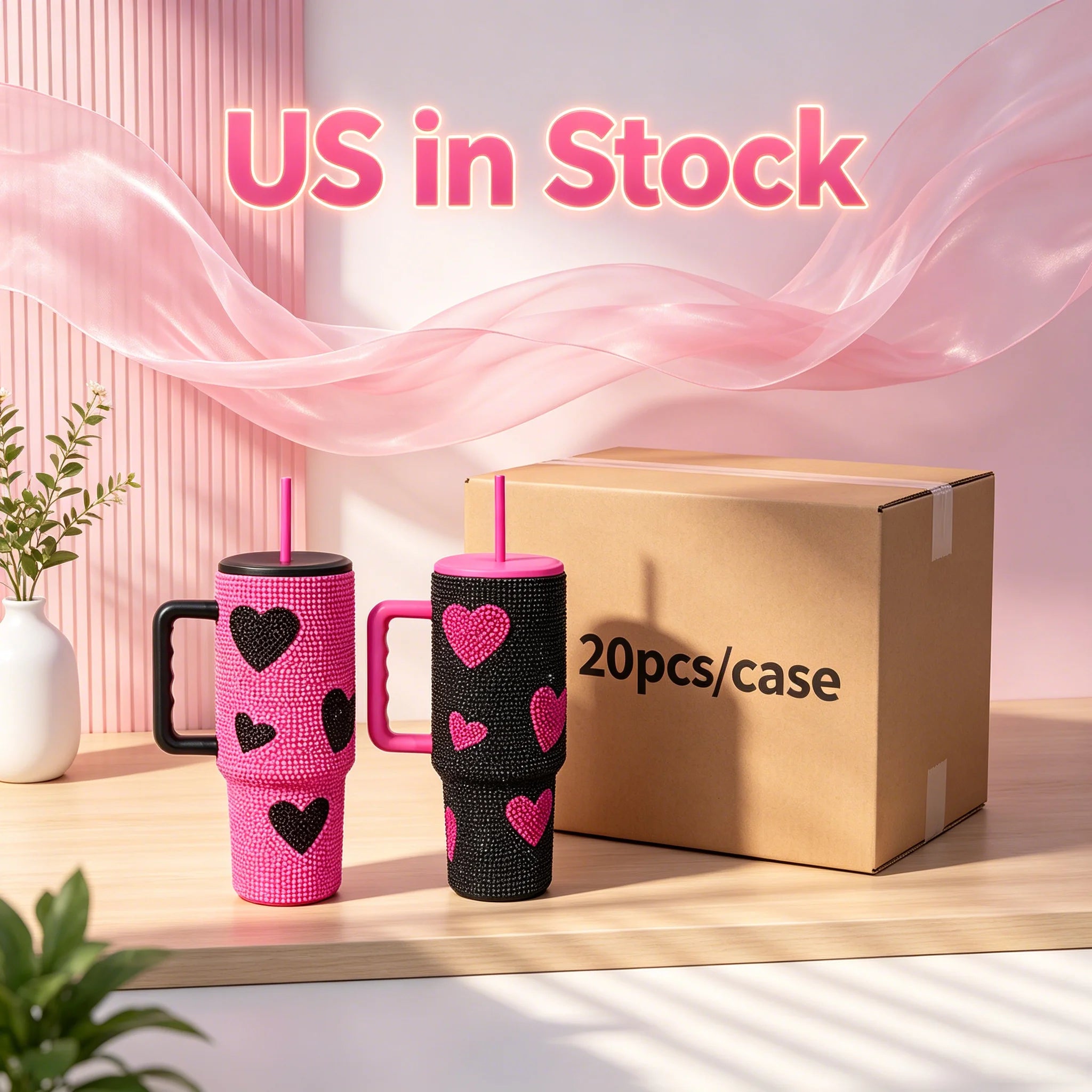 Us Warehouse 40 OZ Rhinestones Bling Leak Proof Home Use 40 OZ Insulated Water Bottle for Home Office Outdoor Daily Use