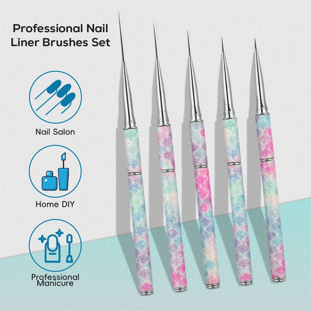 High Quality Professional 5 Pieces Sets Custom Nail Salon Detachable Liner Nail Art Brushes for Nylon Hair