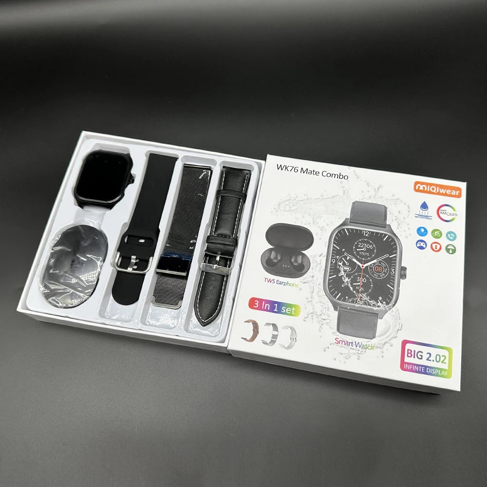 WK76 Mate Smart Watch with 3 Straps IP68 Waterproof  Wireless Charging BT Earphone Heart Rate Monitor Smartwatch