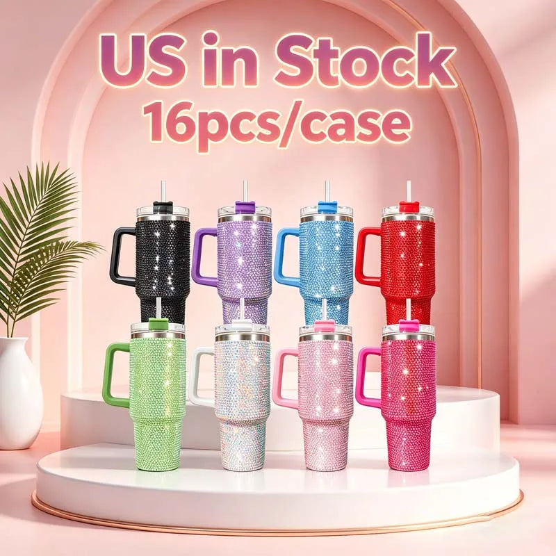 Us Warehouse 40 OZ Rhinestones Bling Leak Proof Home Use 40 OZ Insulated Water Bottle for Home Office Outdoor Daily Use