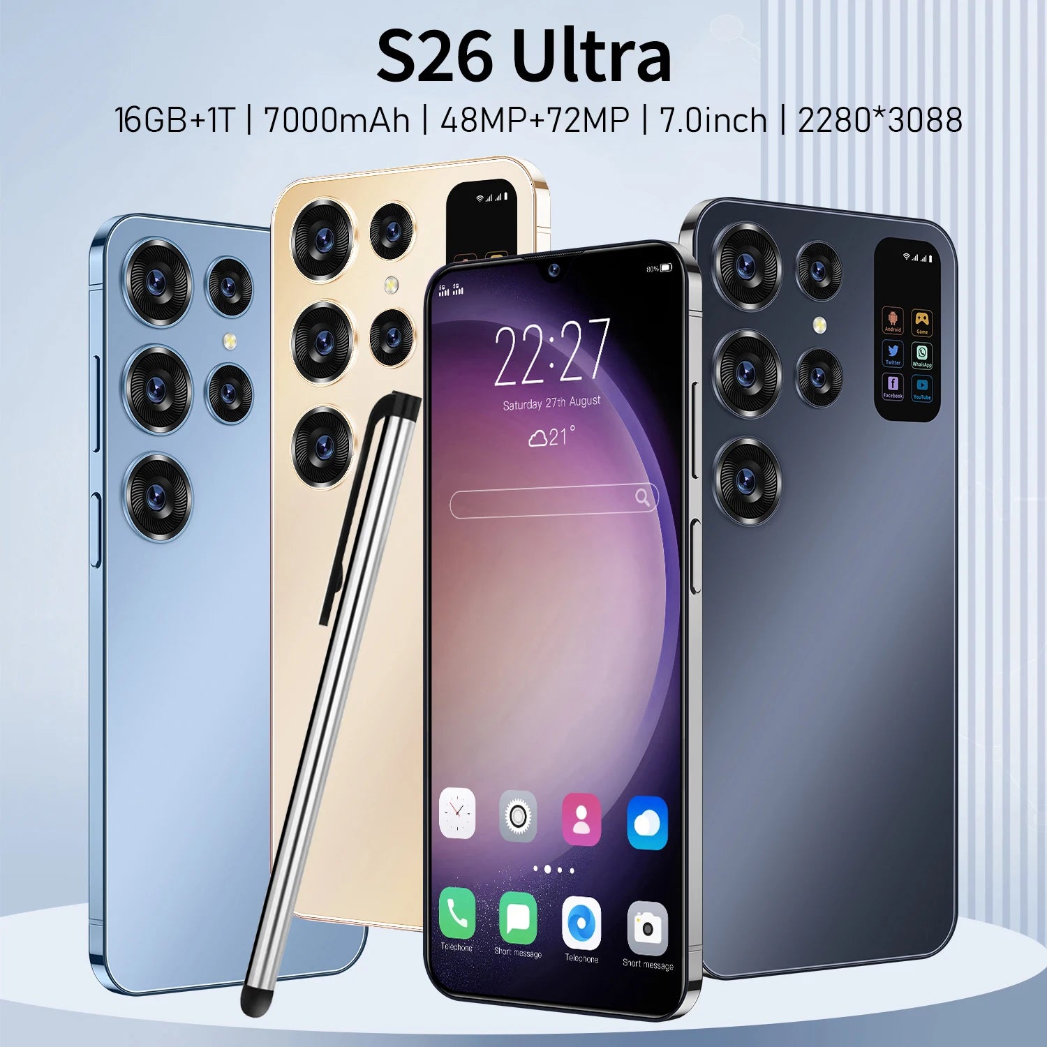 Hot Selling 5G S26 Ultra Smartphone 16GB+1TB High Quality 7 Inch Big Screen 108MP Rear HD Cheap Mobile Phone Telephone