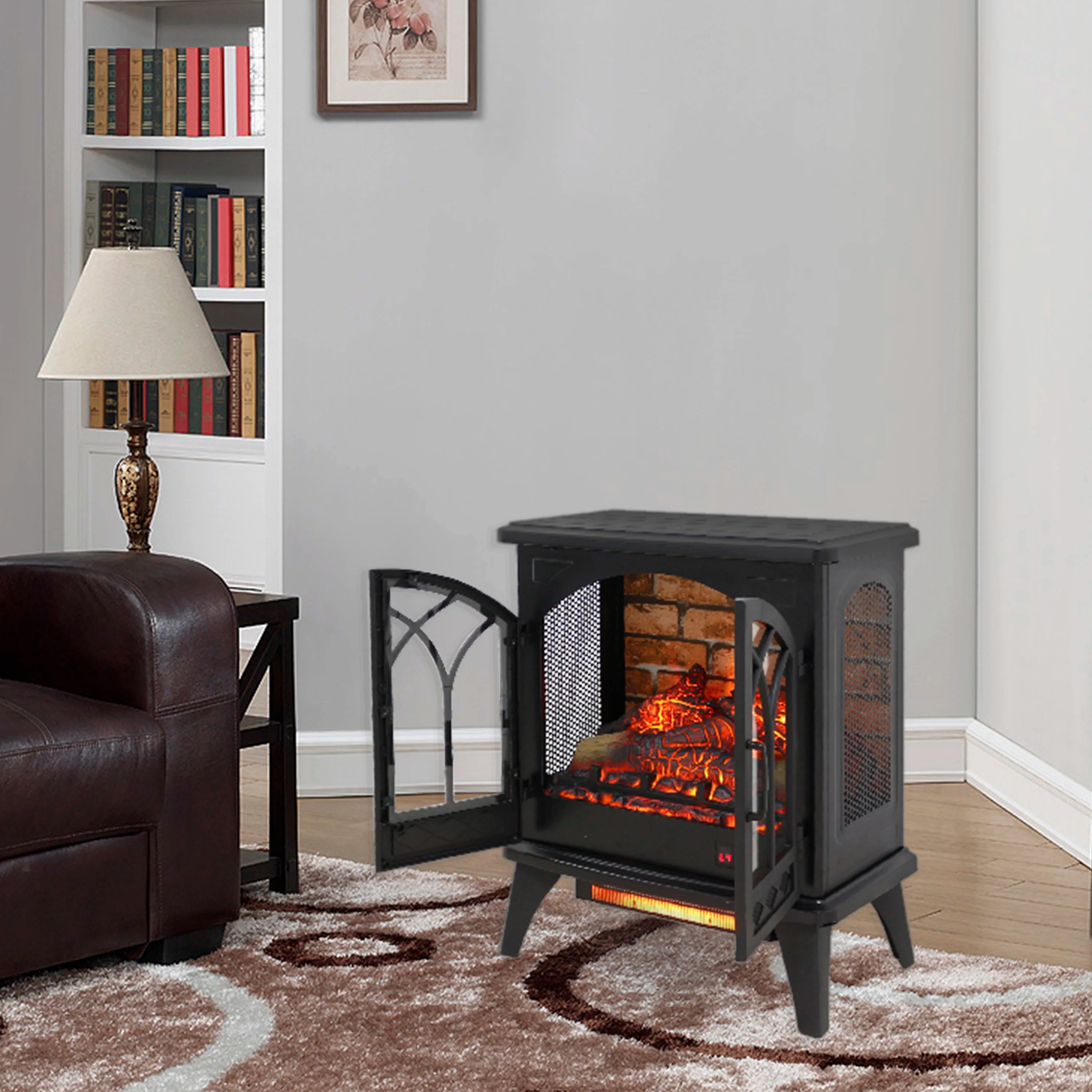 24 Inch 3D Flame Modern Electric Infrared Quartz Tempered Glass Fireplace Stove for Living Room Home Furniture Remote Control