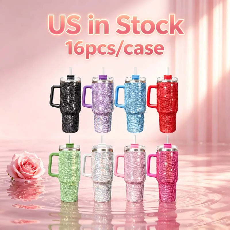 Us Warehouse 40 OZ Rhinestones Bling Leak Proof Home Use 40 OZ Insulated Water Bottle for Home Office Outdoor Daily Use