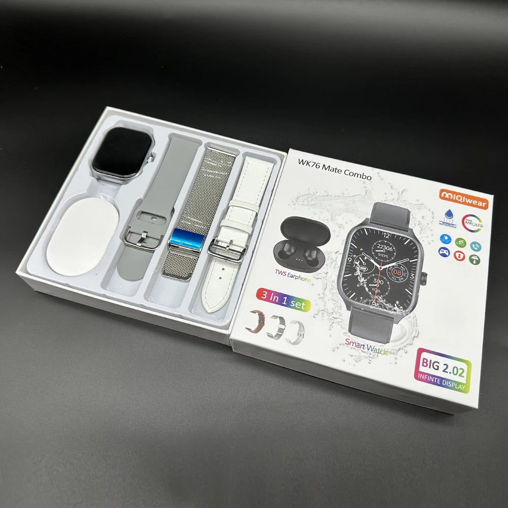 WK76 Mate Smart Watch with 3 Straps IP68 Waterproof  Wireless Charging BT Earphone Heart Rate Monitor Smartwatch