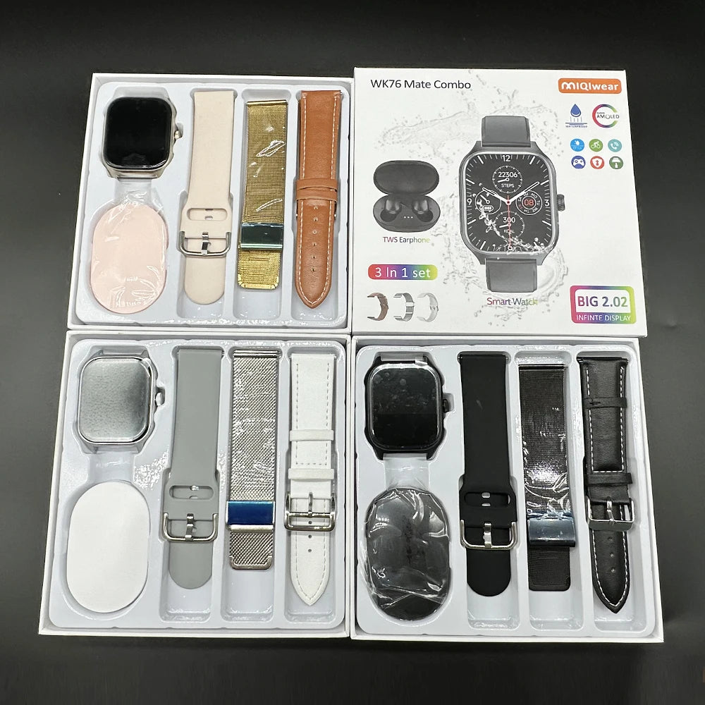 WK76 Mate Smart Watch with 3 Straps IP68 Waterproof  Wireless Charging BT Earphone Heart Rate Monitor Smartwatch