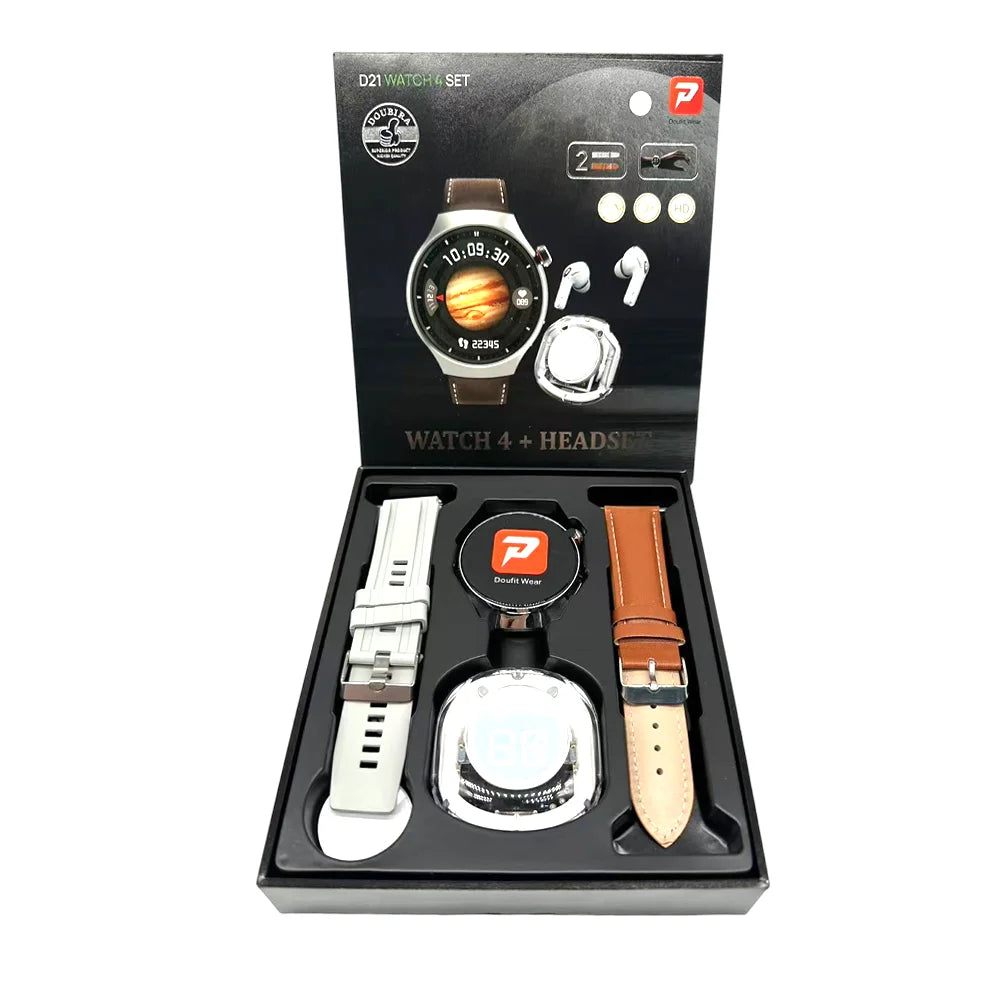 D21 Watch 4 Suit Smartwatch Earbuds 2 in 1 Smart Watch with Earphone Dual Straps Reloj Inteligente Gift Set Smart Watch for Men
