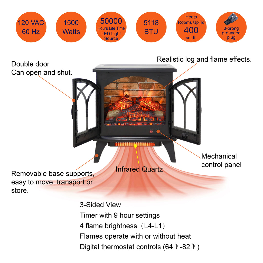 24 Inch 3D Flame Modern Electric Infrared Quartz Tempered Glass Fireplace Stove for Living Room Home Furniture Remote Control
