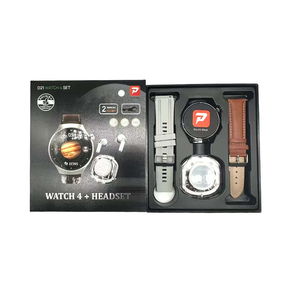 D21 Watch 4 Suit Smartwatch Earbuds 2 in 1 Smart Watch with Earphone Dual Straps Reloj Inteligente Gift Set Smart Watch for Men