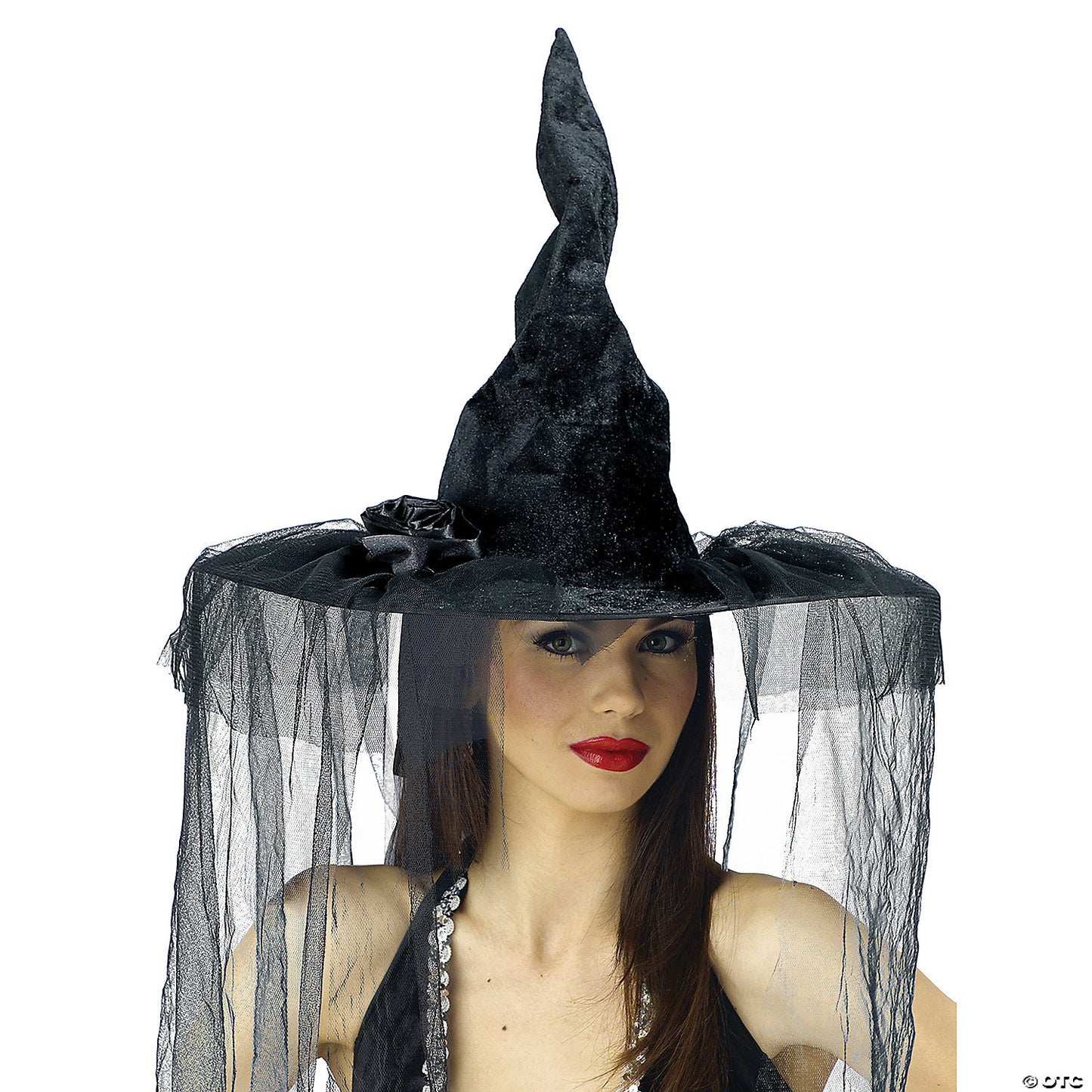 Adults Deluxe Black Velour Witch Hat with Rose and Veil