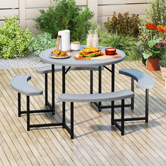 Round Picnic Table Bench Set with 4 Benches and Umbrella Hole for Patio Lawn-Gray - Color: Gray - Size: 31-40 Inch