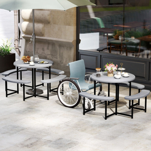 Round Picnic Table Bench Set with 4 Benches and Umbrella Hole for Patio Lawn-Gray - Color: Gray - Size: 31-40 Inch