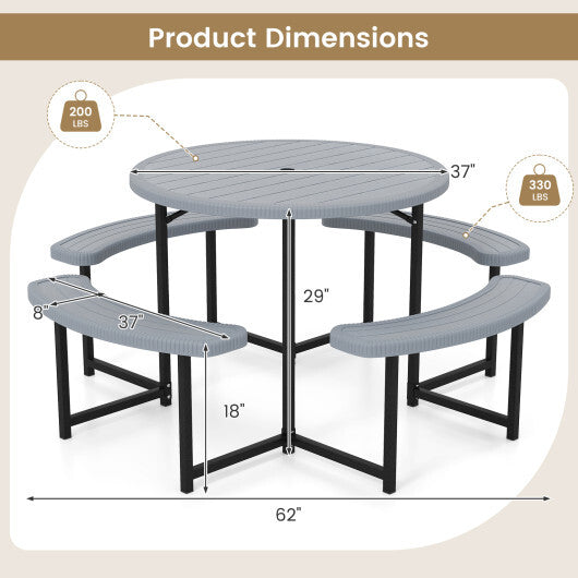 Round Picnic Table Bench Set with 4 Benches and Umbrella Hole for Patio Lawn-Gray - Color: Gray - Size: 31-40 Inch