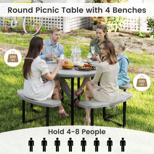 Round Picnic Table Bench Set with 4 Benches and Umbrella Hole for Patio Lawn-Gray - Color: Gray - Size: 31-40 Inch