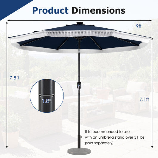 9 Feet Solar Patio Umbrella with 24 LED Lights for Yard-Navy - Color: Navy
