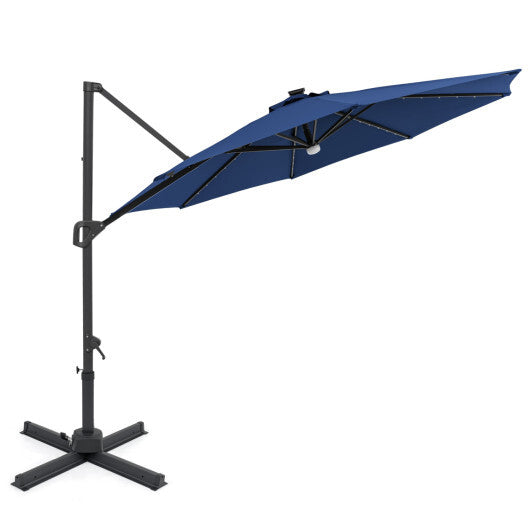 10 FT Cantilever Patio Umbrella with Solar LED Lights 360 Rotation-Navy - Color: Navy