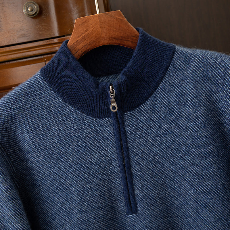 Autumn and Winter New 100 Mountain Cashmere Sweater Men's Half Zipper Half Turtleneck Sweater Men's Thickened Middle-aged Base Shirt