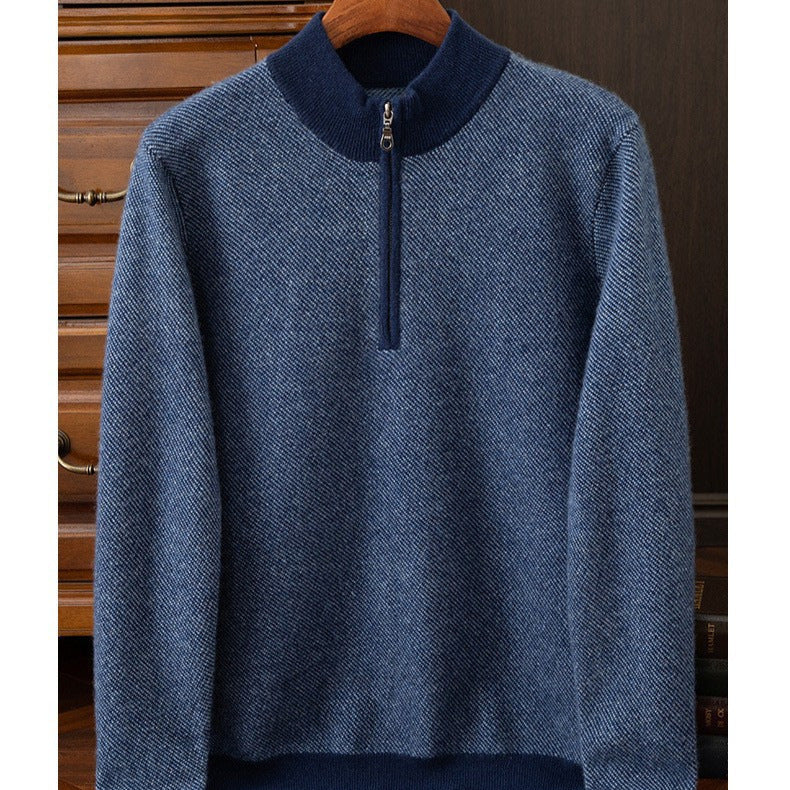 Autumn and Winter New 100 Mountain Cashmere Sweater Men's Half Zipper Half Turtleneck Sweater Men's Thickened Middle-aged Base Shirt