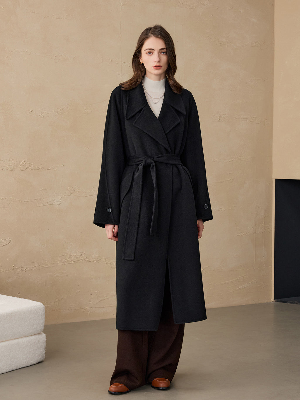 2025 Cashmere Long Coat Woolen Coat Coat Pure Cashmere Coat Double-sided Woolen Lace-up Commuter Coat for Women