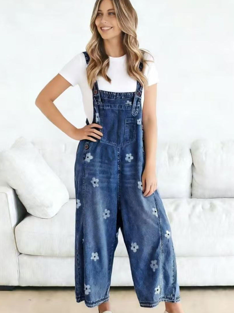 2026 New Foreign Trade Amazon Floral Print Wide-Leg Pants with Patchwork Loose Casual Retro Denim Overalls